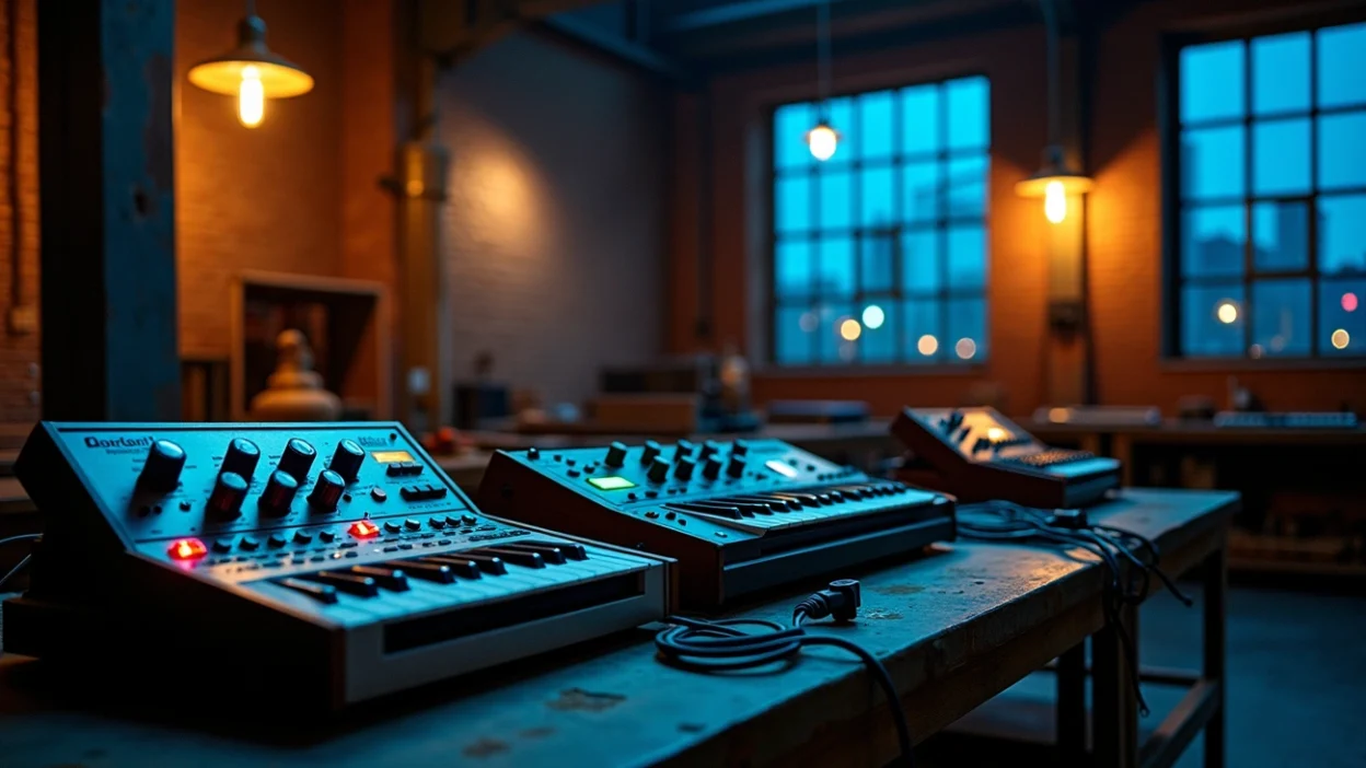 Electronic music studio with analog synthesizers, illustrating techno origins and an industrial atmosphere.
