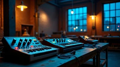 Electronic music studio with analog synthesizers, illustrating techno origins and an industrial atmosphere.