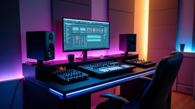 Electronic music studio with DAW screen, MIDI controllers and speakers, perfect workspace for creating techno sample packs