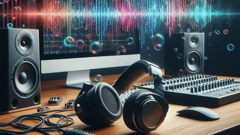 Music production setup with headphones, studio monitors, audio mixer, and colorful sound waves on a computer screen.