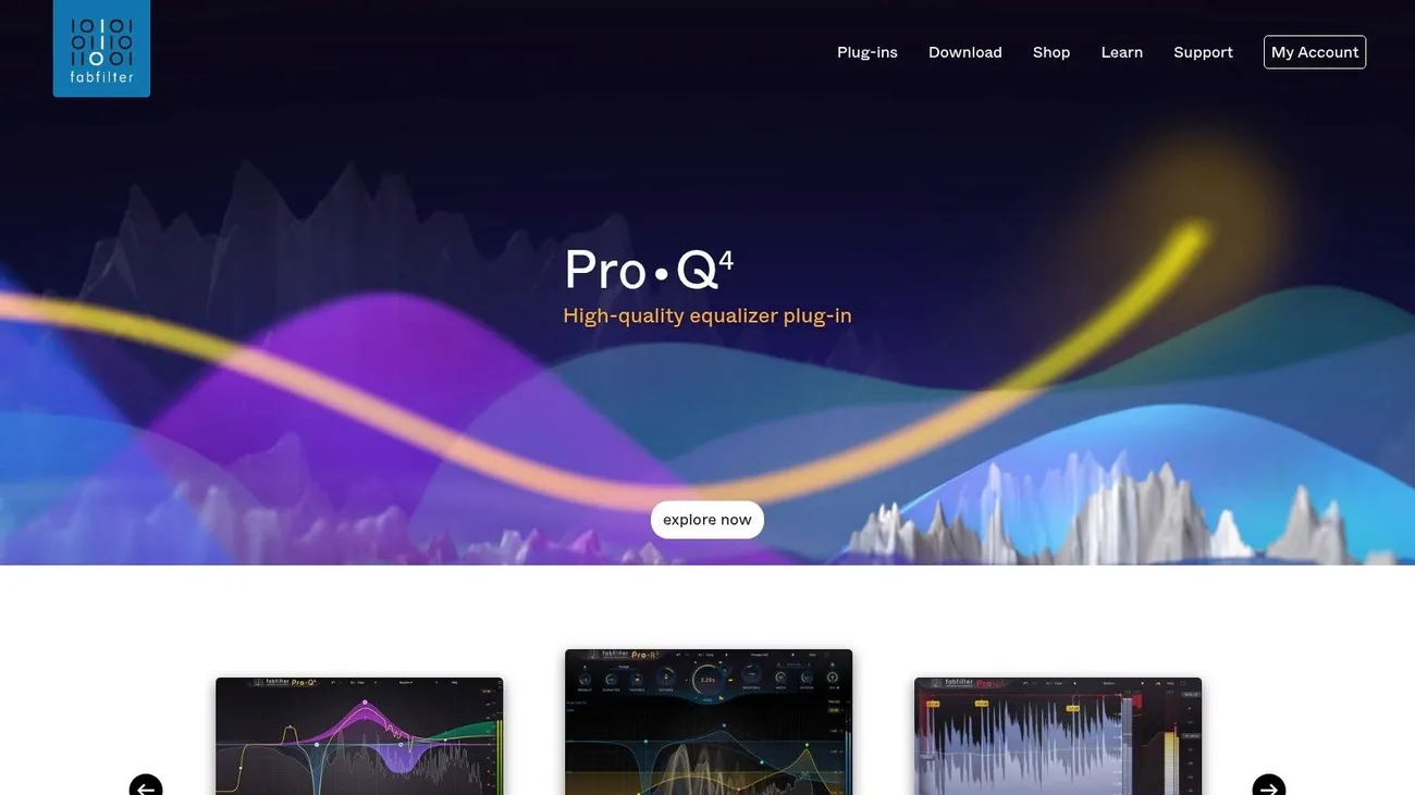 Screenshot of FabFilter Pro-Q4 high-quality equalizer plug-in webpage with audio wave visuals and interface previews.