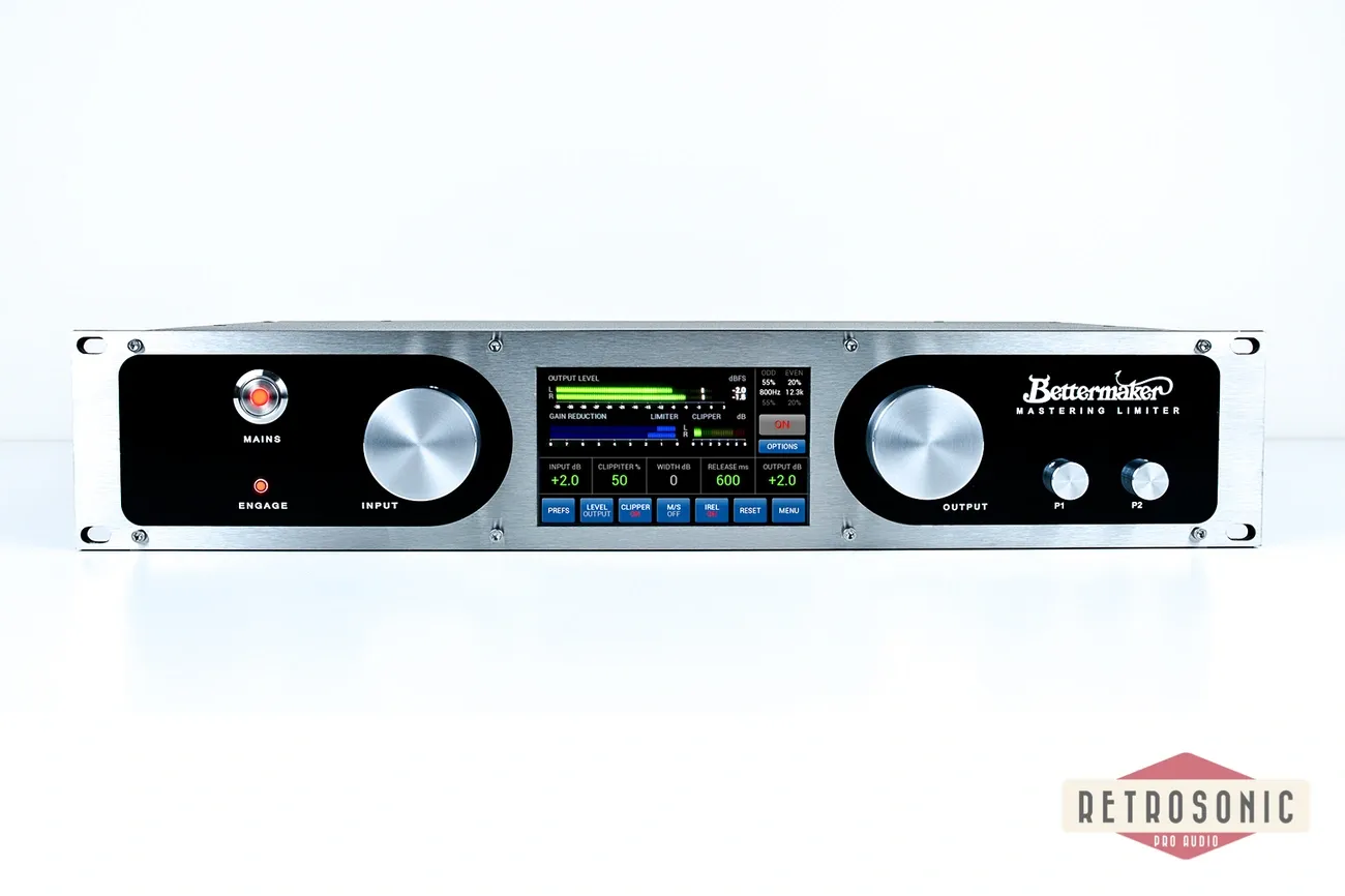 Front view of Bettermaker Mastering Limiter audio processor with knobs, buttons, and a digital display screen