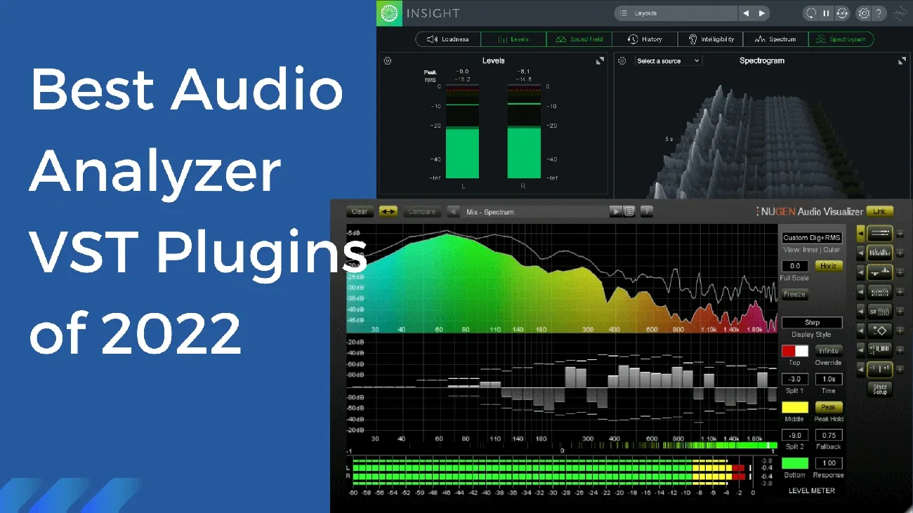 Screenshot of audio analyzer VST plugins showing spectrum, levels, and spectrogram with colorful graphs and meters.