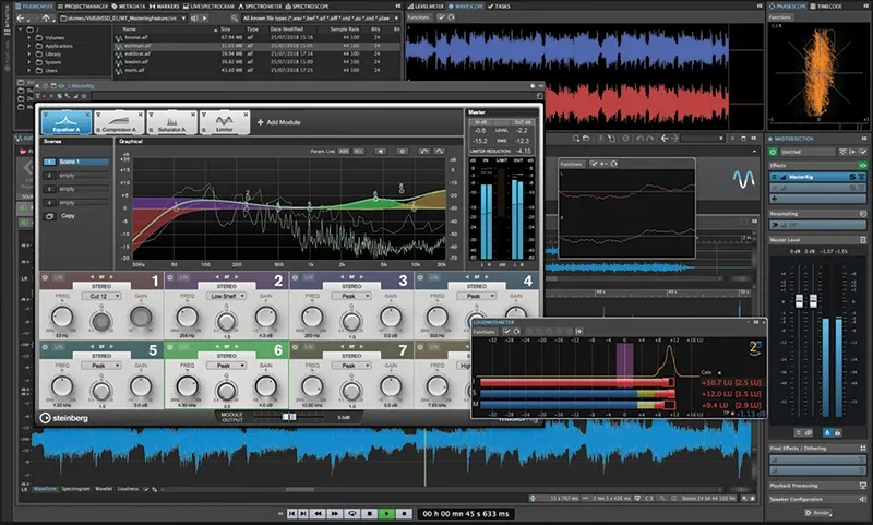 Audio editing software interface showing EQ, compressor, and other mastering tools with waveforms and meters.