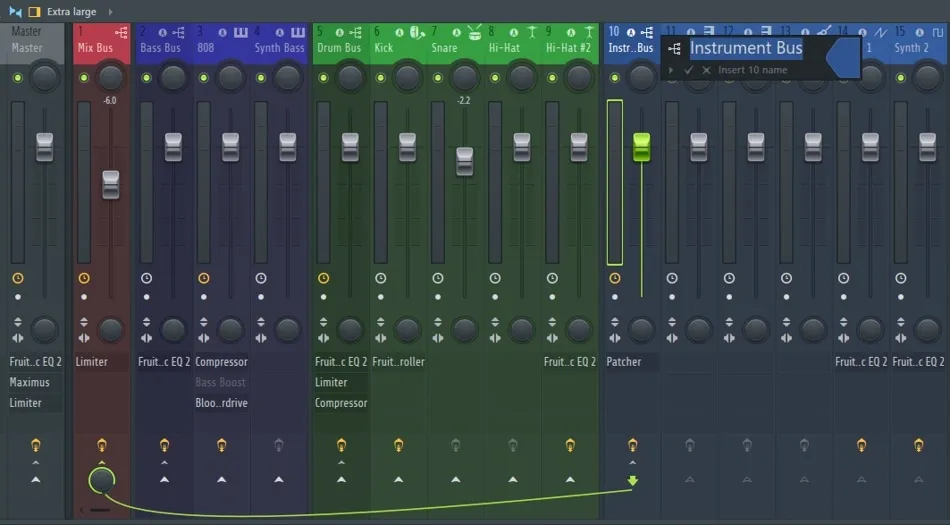 FL Studio mixer interface showing multiple channel strips with volume faders and effects for top-down song mixing.