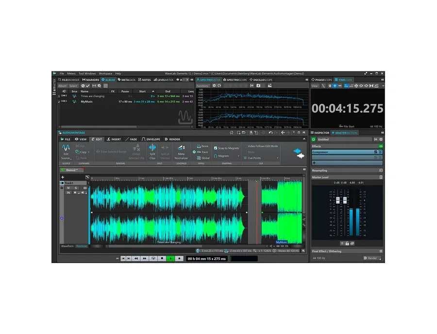 Screenshot of Steinberg WaveLab Pro 12 software showing audio waveform editing, meters, and mastering tools interface.