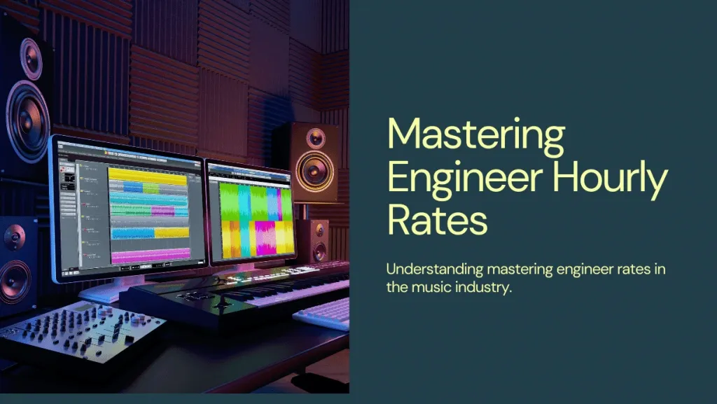 Studio setup with dual monitors displaying audio waveforms and text about mastering engineer hourly rates.