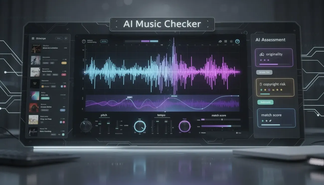 Futuristic AI Music Checker interface displaying audio waveforms, pitch, tempo controls, and copyright risk assessment.