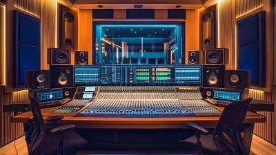 Professional recording studio control room with mixing console and monitors, showcasing high-end audio mastering services.