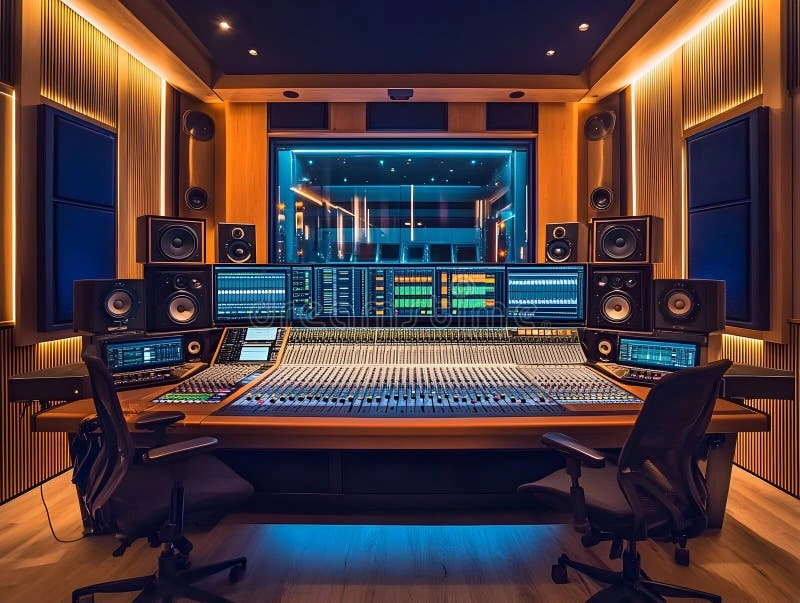 Professional recording studio control room with mixing console and monitors, showcasing high-end audio mastering services.