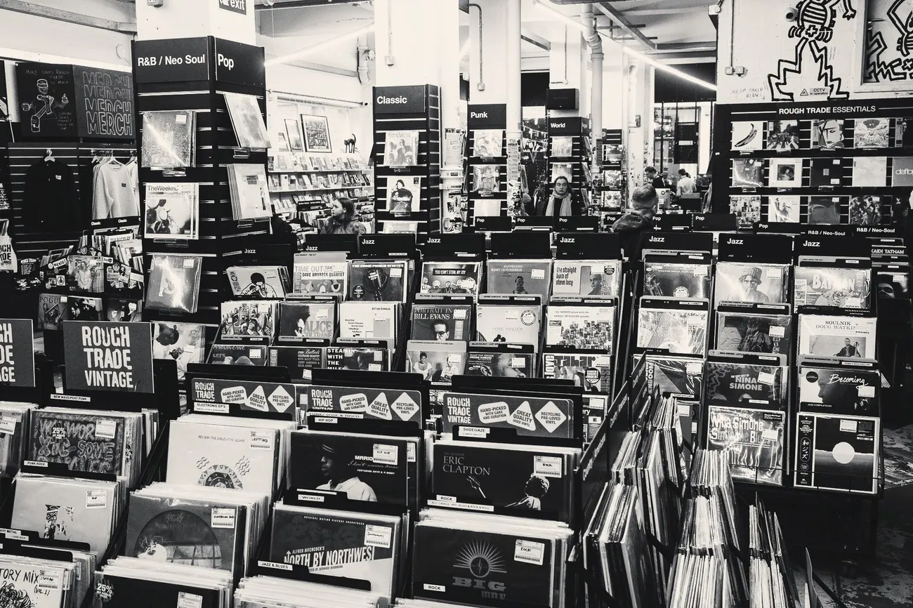 Vinyl records organized by genre in a music store with customers browsing in the background.