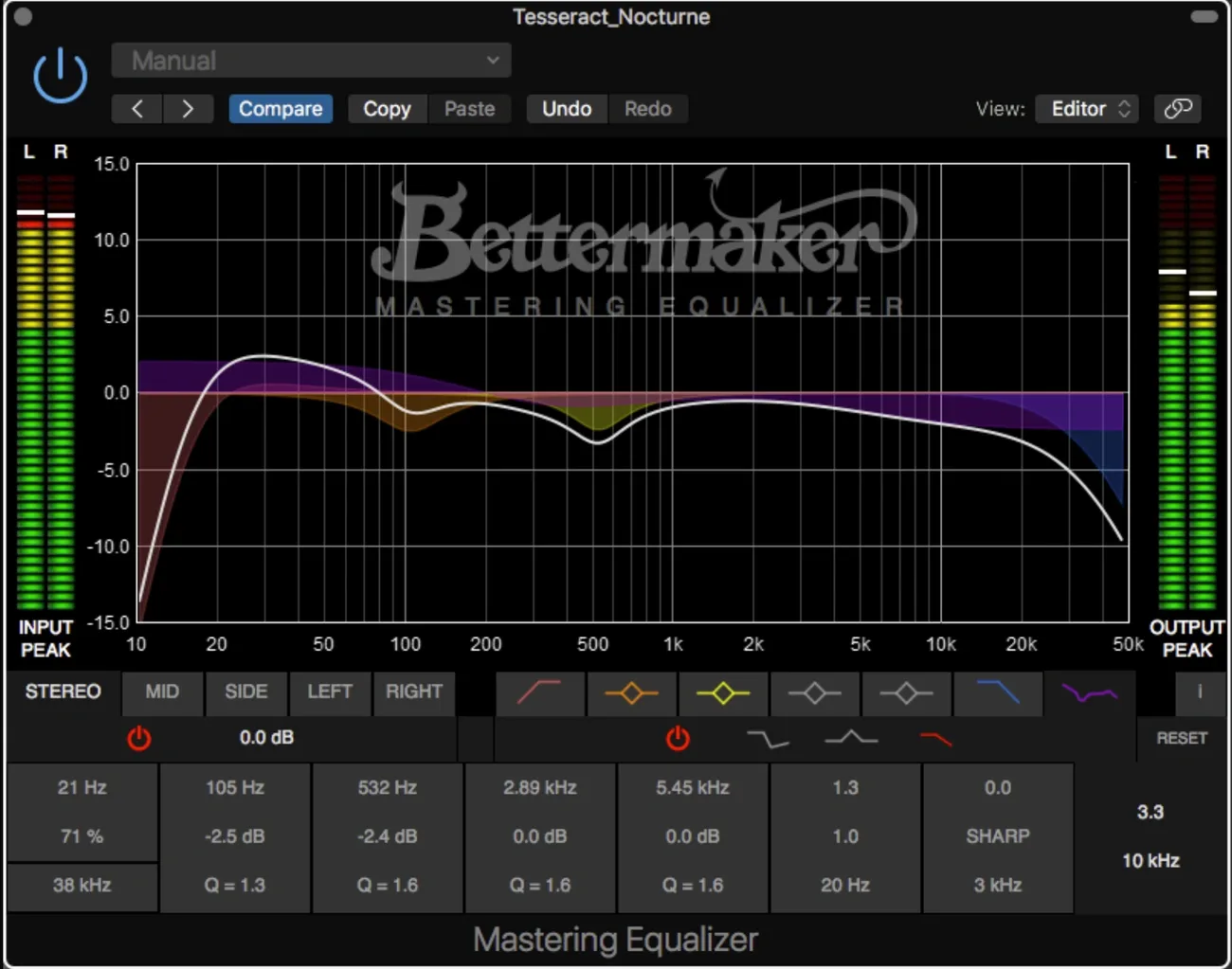 Bettermaker Mastering Equalizer plugin interface showing frequency curve adjustments and input/output peak meters.