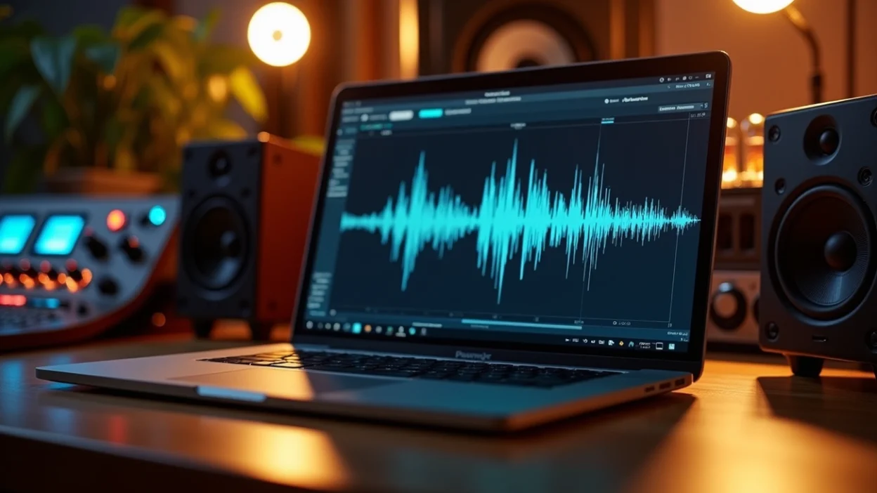 Audio studio setup with laptop showing waveform, illustrating free ai mastering for digital music tracks