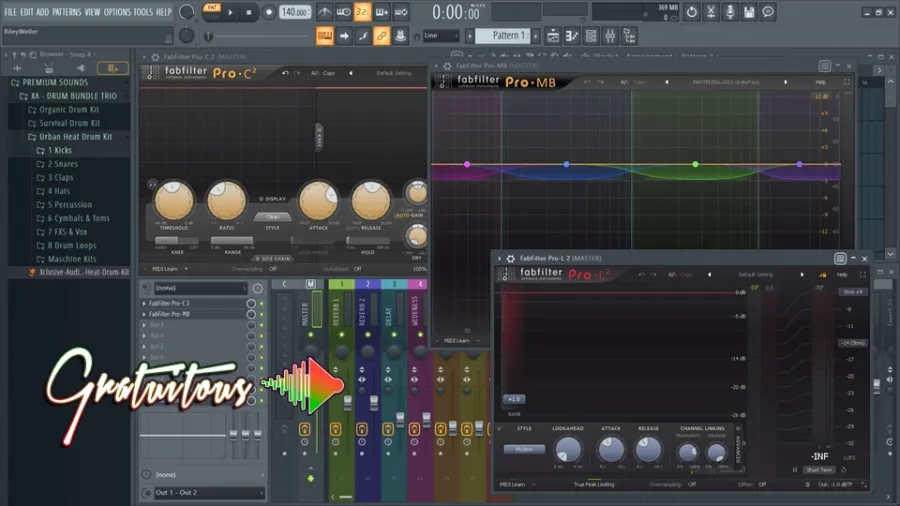 FL Studio interface showing a mastering chain with FabFilter Pro plugins on the master channel.