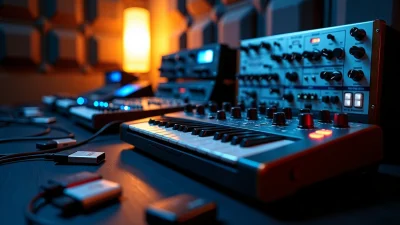 Electronic music studio with analog synths and drum machines, perfect setup for producing the best techno sample packs