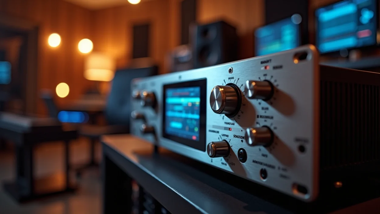 Bettermaker limiter analog mastering unit in a professional studio, high-end audio processor with precise controls and digital display