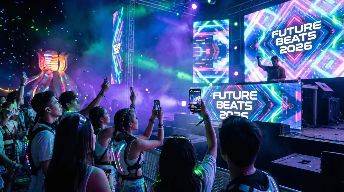 Crowd at an electronic music festival capturing the DJ set on phones with vibrant neon lights and Future Beats 2026 displays.
