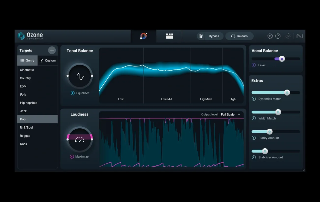 Ozone 11 Advanced mastering plugin interface showing tonal balance, loudness, vocal balance, and extra settings.
