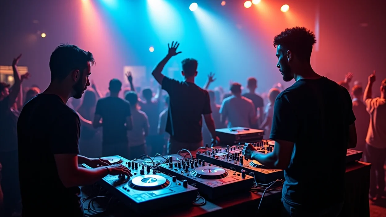 Electronic music artists performing live on stage with synthesizers and modern lighting effects.
