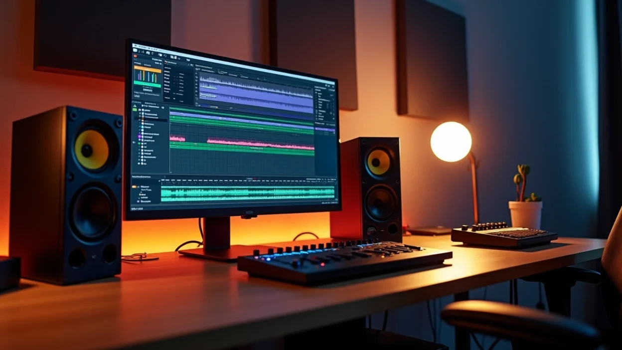 FL Studio mastering workspace with professional audio editing software, studio monitors, MIDI controller and modern music production setup.