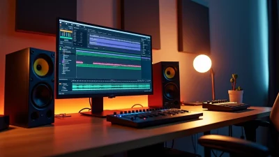 FL Studio mastering workspace with professional audio editing software, studio monitors, MIDI controller and modern music production setup.