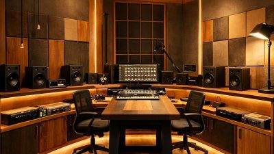 Fuze House modern music studio with warm lighting, acoustic panels, professional speakers and a central mixing desk.