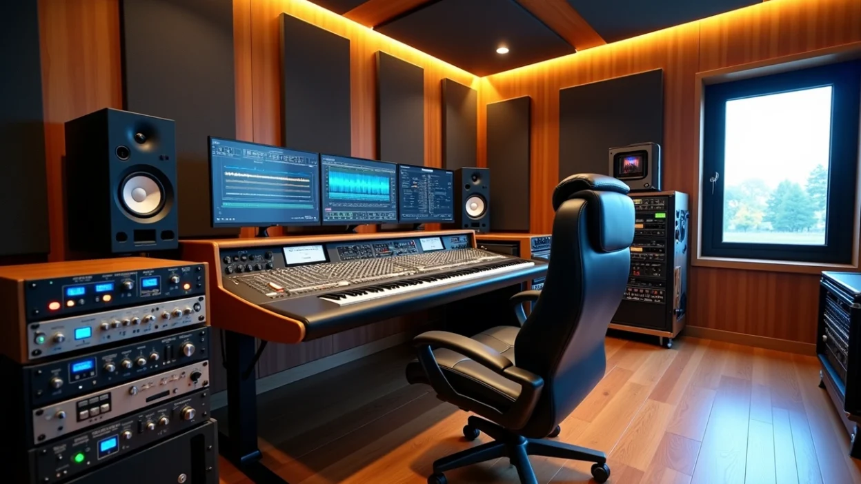 Professional audio mastering studio with mixing console and monitors, showing how much does it cost to master a song