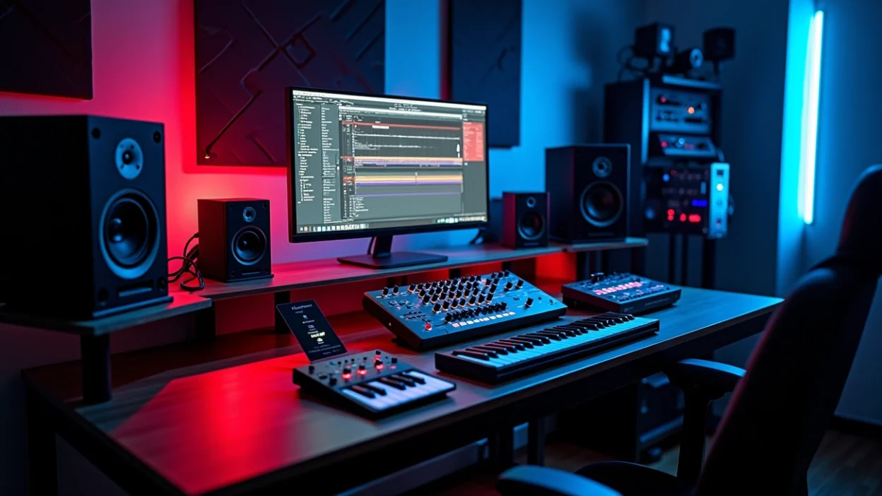 Studio de production électronique avec synthés, contrôleurs MIDI et DAW illustrant how to make techno music étape par étape