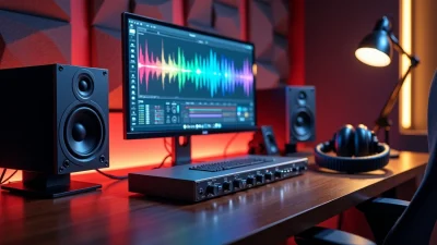 Mastering software interface displayed on a professional studio desk with audio waveform, speakers, and sound equipment