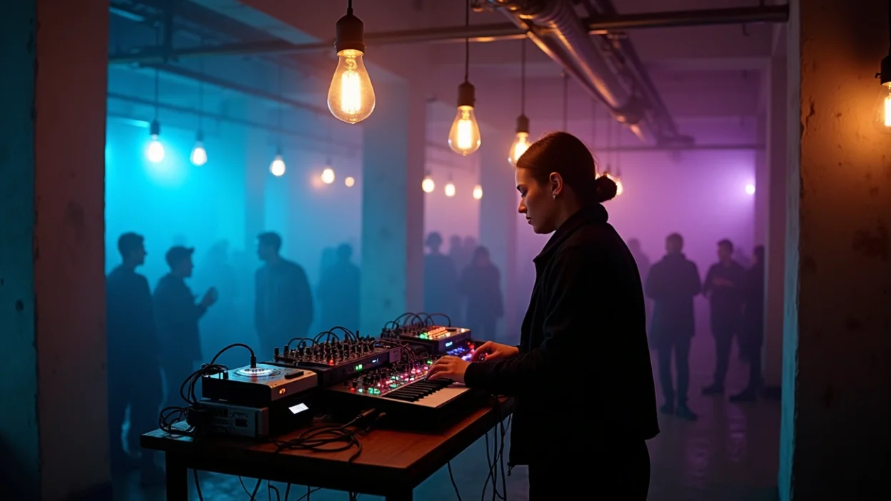 Tech house artists performing live on synthesizers in an underground club with colorful lighting and a crowd in the background