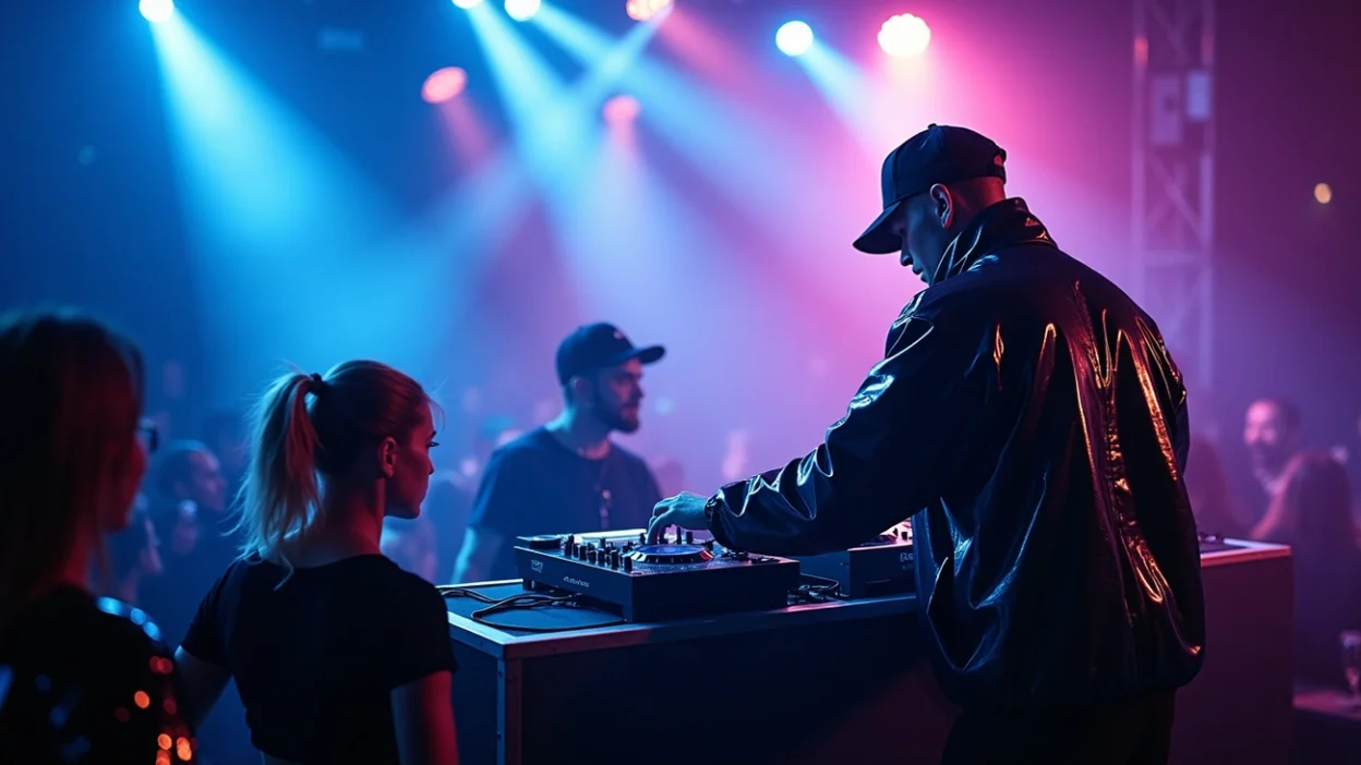 DJ performing live in a nightclub wearing black vinyl clothing jacket, colorful stage lights, modern electronic music scene