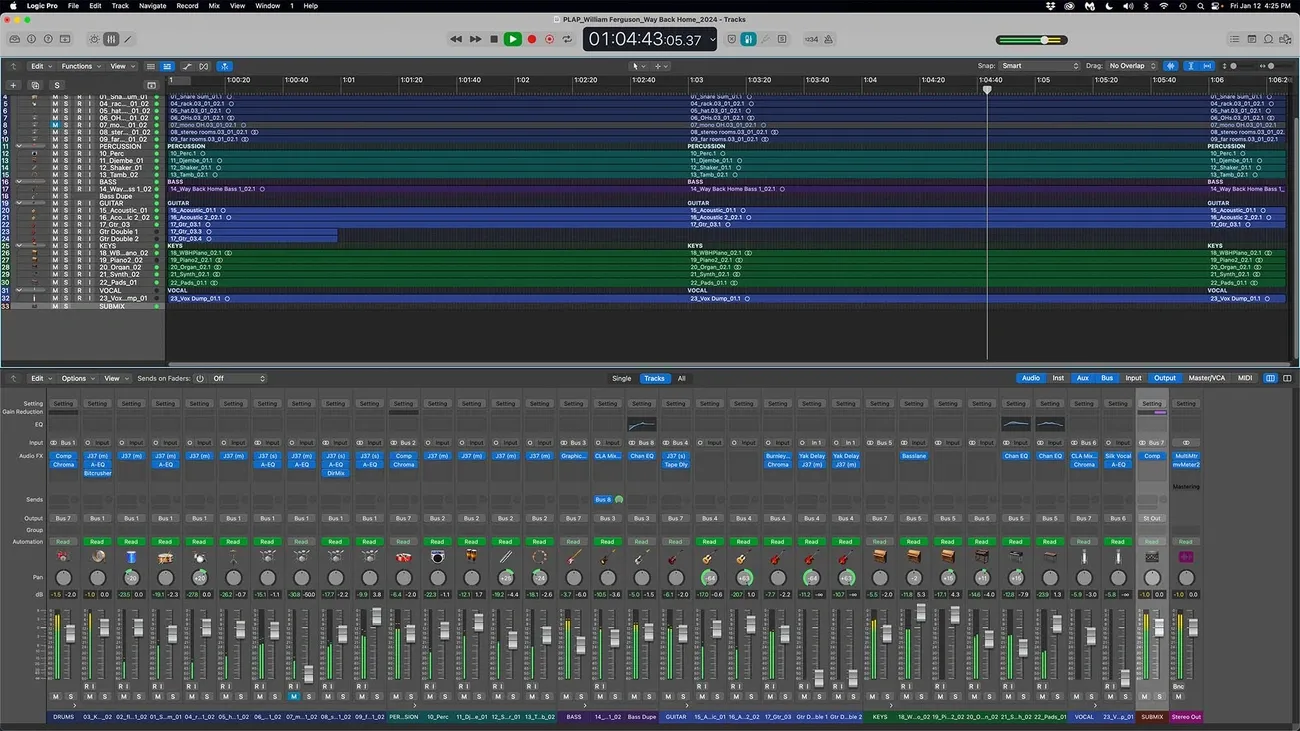 Logic Pro interface showing multiple audio tracks and mixing controls for DIY music mastering session.