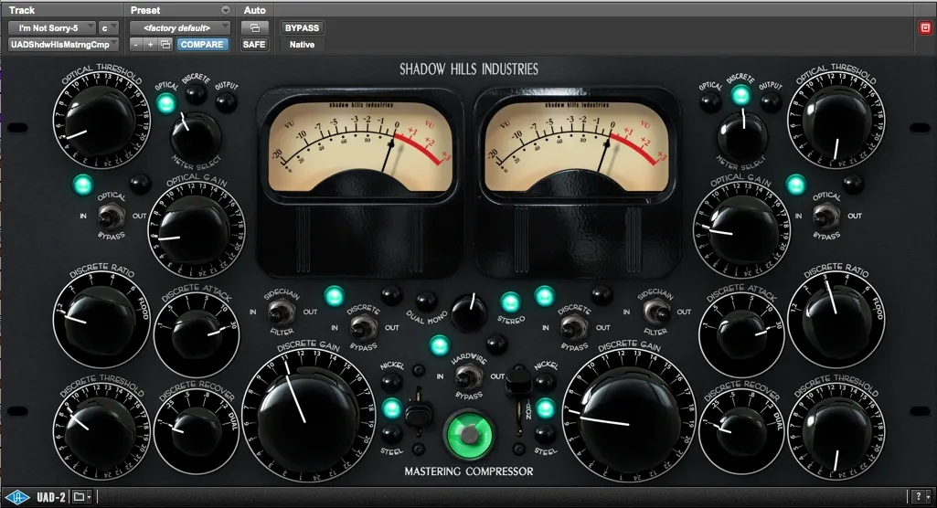 Shadow Hills Industries mastering compressor plugin interface with dual VU meters and multiple control knobs for audio mixing.
