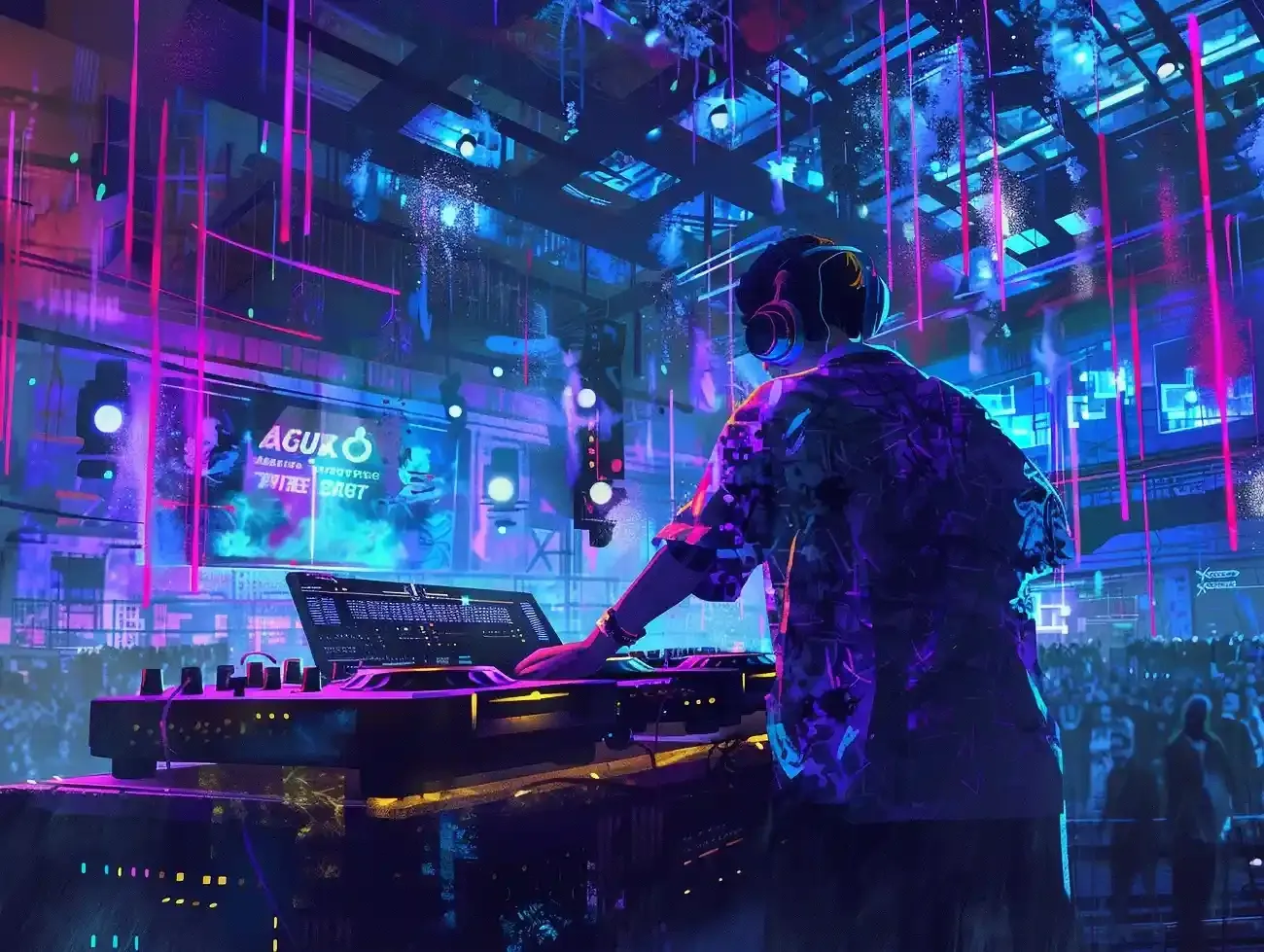 DJ performing in a neon-lit club with advanced sound and lighting equipment surrounding the stage.