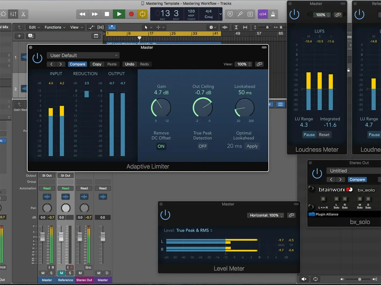 Logic Pro interface showing a professional mastering workflow with adaptive limiter and loudness meters.