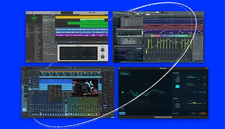 Four digital audio workstation (DAW) interfaces displayed on a blue background with a white curved line overlay.