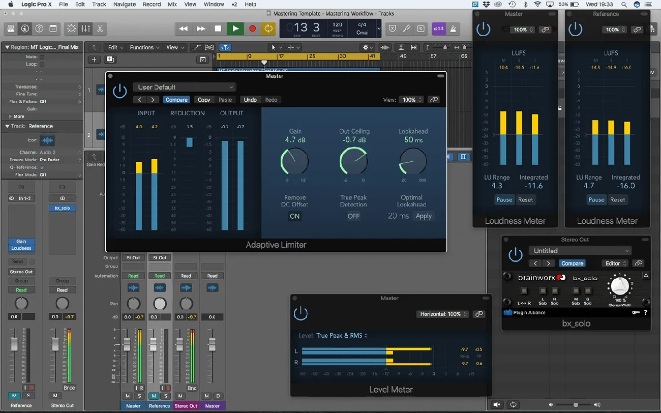 Logic Pro X mastering workflow showing adaptive limiter, loudness meters, bx_solo, and level meter plugins in use.