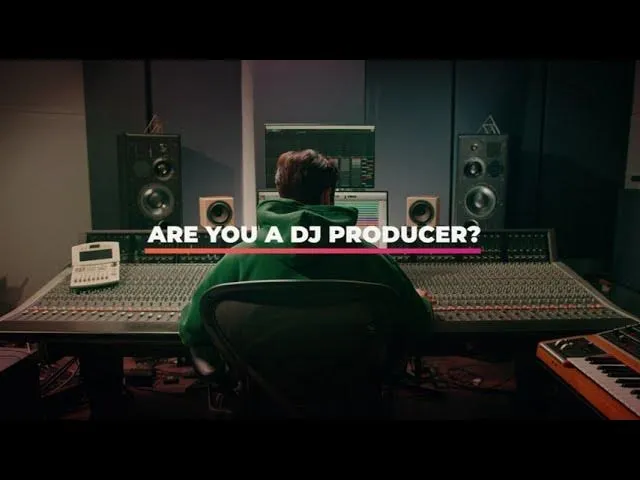 Person working at a large audio mixing console in a studio with text asking, 'Are you a DJ producer?'