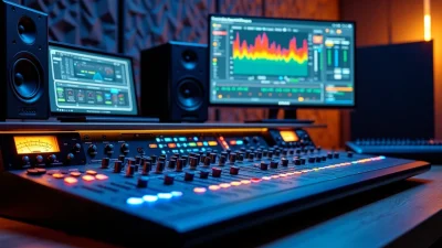 Professional studio setup showcasing best mixing and mastering plugins with audio console, speakers and real-time frequency analysis