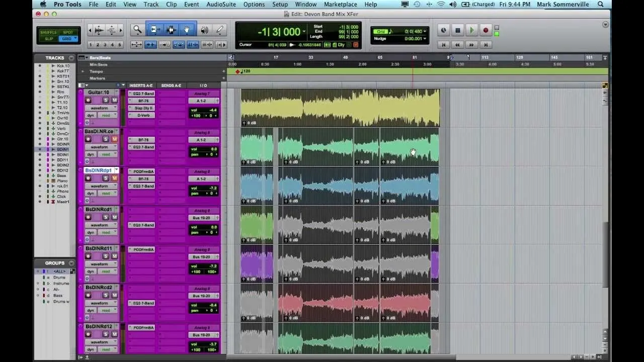 Screenshot of Pro Tools DAW displaying multiple audio tracks with waveforms and effects in a music project session.