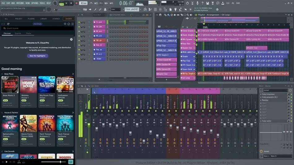 Screenshot of FL Studio DAW interface showing playlist, mixer, and sound library for music production in 2026.
