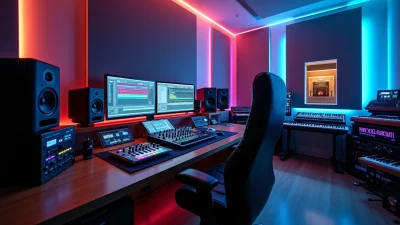 Modern music studio for edm ghost production, featuring dual monitors, professional audio gear, MIDI keyboards, and ambient LED lighting