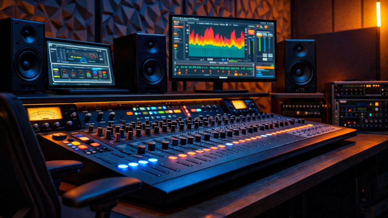 Hire mastering engineer in a professional studio with large mixing console, multiple monitors, and acoustic-treated room.