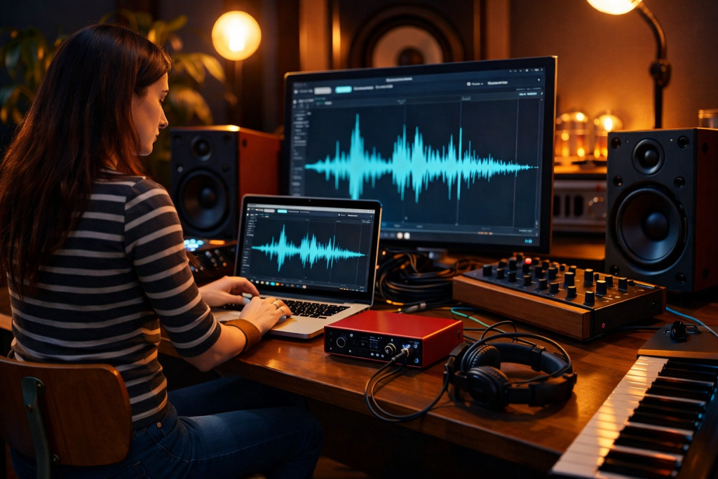 Music producer working in a home studio with speakers and synths, focused on house music mastering and mixing workflow