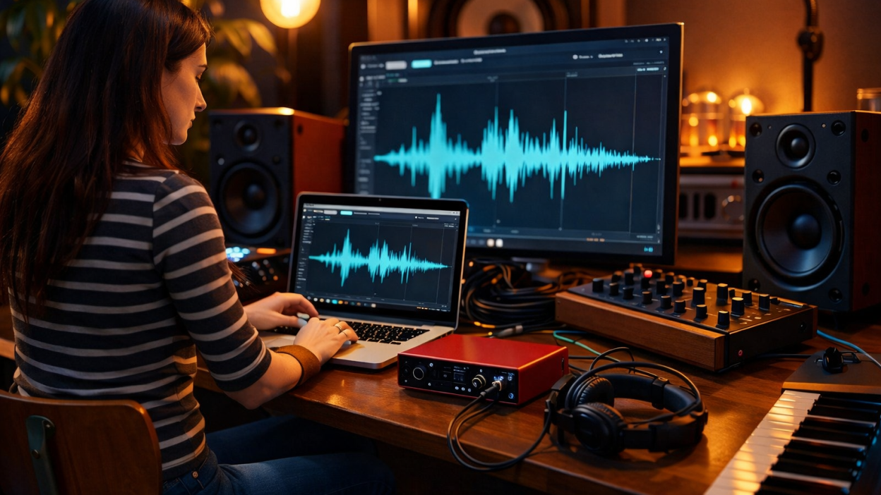 Music producer working in a home studio with speakers and synths, focused on house music mastering and mixing workflow