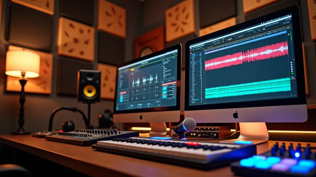 Music production studio with dual screens showing logic pro mastering, audio waveforms, MIDI keyboard and studio microphone.