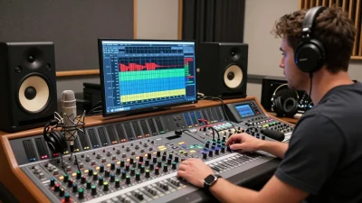 Audio engineer adjusting mixing console in professional studio, monitoring streaming LUFS levels on screen for optimized sound quality