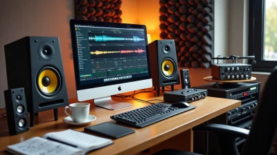 Home studio setup with monitors and audio software screen illustrating mastering basics for music production workflow