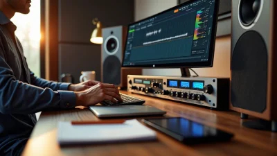 Audio engineer adjusting mastering chain in a professional studio, waveform displayed on screen with speakers and rack gear setup.