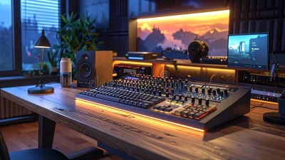 Modern music production studio with mixing console and sunset screen, ideal for creating serum techno presets.